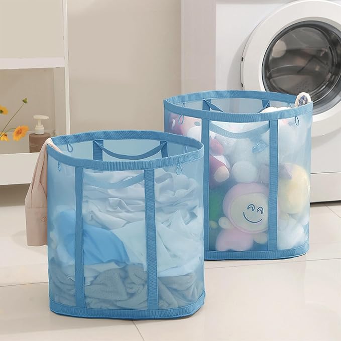 Mesh Bag with Handles, Collapsible Laundry Basket, Foldable Laundry Bag, Breathable Folding Beach Bag,Space-saving Travel Tote Bags (1, Blue)