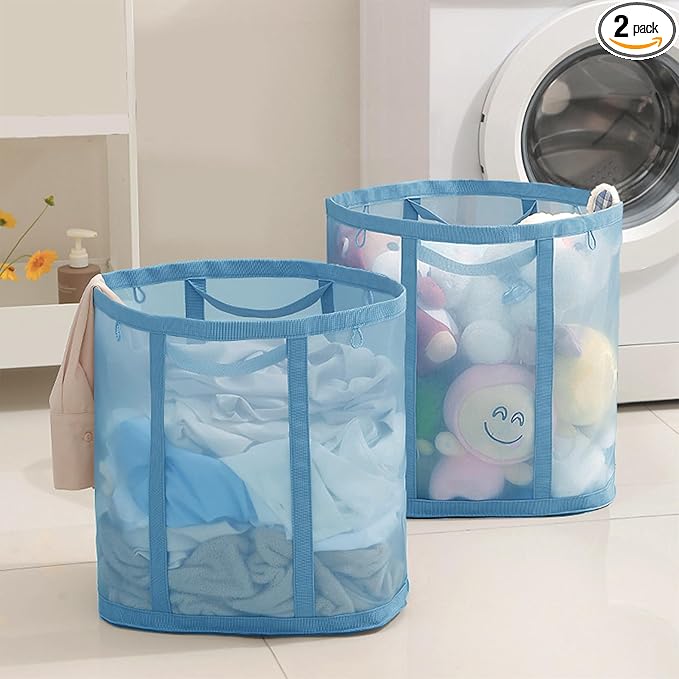 Mesh Bag with Handles, Collapsible Laundry Basket, Foldable Laundry Bag, Breathable Folding Beach Bag,Space-saving Travel Tote Bags (2, Blue)