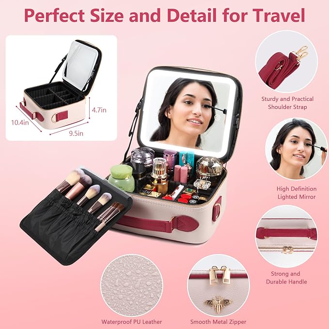 Travel Makeup Bag with Mirror of LED Lighted, Rechargeable Cosmetic Train Case Artist Makeup Organizer for Women with Adjustable Dividers, Makeup Brushes Holder and Strap (White)