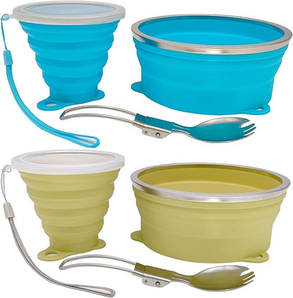 Mess Kit for Camping Silicone Collapsible Bowl Collapsible Cup and Stainless Steel Spoon for Backpacking Outdoor Hiking Traveling and Picnic - 2 Pack