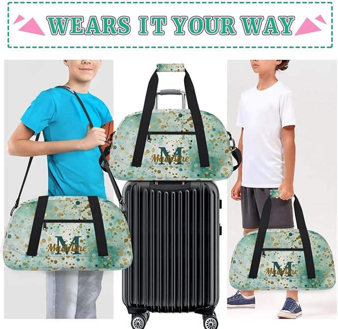 Personalized Kids Sports Duffel Bag with Name Custom Weekender Overnight Bag for Boys Girls Gym Bag Travel Dance Gymnastics Duffel Bag, Green Glitter Golden Shiny