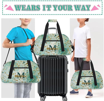 Personalized Kids Sports Duffel Bag with Name Custom Weekender Overnight Bag for Boys Girls Gym Bag Travel Dance Gymnastics Duffel Bag, Green Glitter Golden Shiny