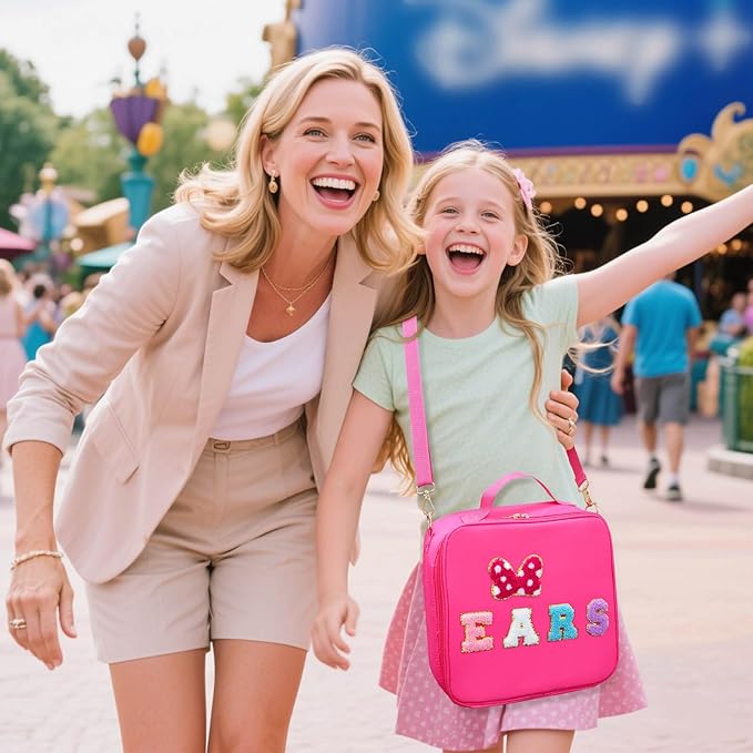 Chenille Letter Bow Mouse Ears Travel Case, Park Ears Headband Holder Hair Accessories Organizer Bag for Girls Women Kids Adults, Large Makeup Bag Snack Bags with Zipper for Travel Picnic - Rose Red