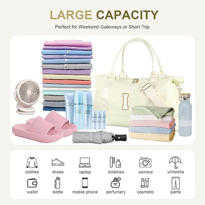 Dance Gym Duffel Bag for Teen Girls, Personalized Initial Travel Weekender Bag,Cute Overnight Carry On Duffle for Women,Sports Travel Cheer Bag,Monogram Christmas Gifts for Tween Preppy(beige-I)