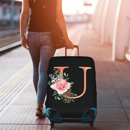 Floral Letter U Travel Luggage Cover Spandex Suitcase Protector Elastic Washable Stretch Suitcase Cover,Size L(Fit 25-28inch Suitcase)