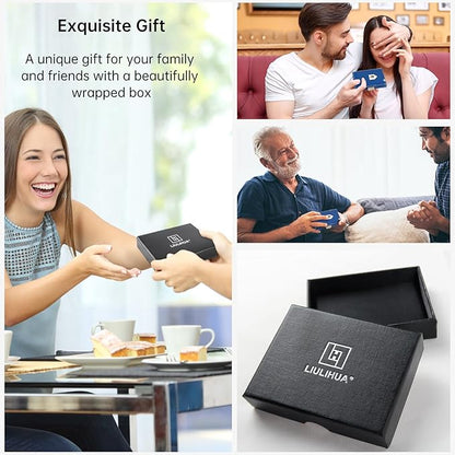 Men's Wallet, Genuine Leather RFID Blocking Slim Money Clip Wallet Minimalist Front Pocket Tri-Fold Money Clip Credit Card Holder with Present Box Blue