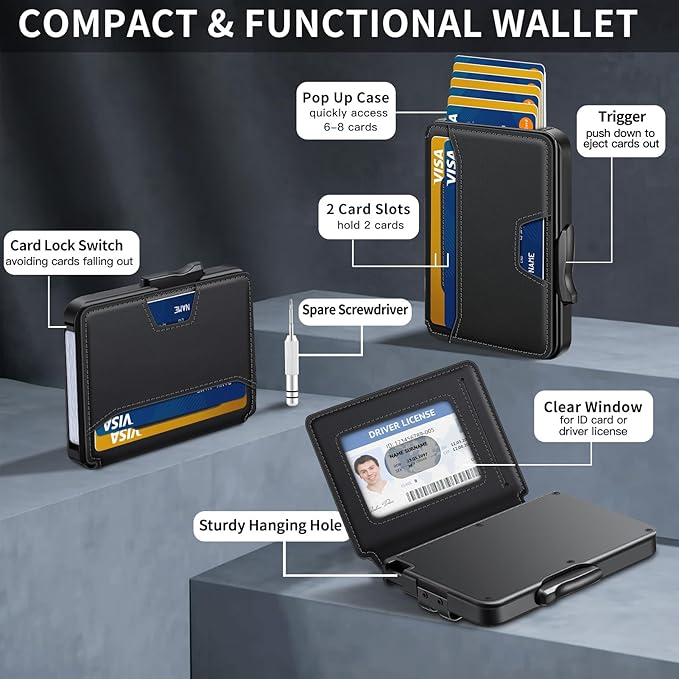 Wallet for Men, Mens Wallet Minimalist Slim Wallet, RFID Blocking Smart Pop Up Wallet with Money Clip & ID Window, Metal Compact Wallet, Aluminum Credit Card Holder Wallet