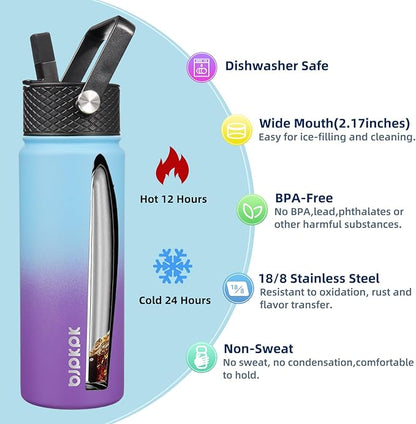 BJPKPK 2 Pack Insulated Water Bottles with Straw Lids, 22oz Stainless Steel Metal Water Bottle with 6 Lids, Leak Proof BPA Free Jugs, Cups, Flasks for Travel, Sports (Cherry+Ocean Dream)