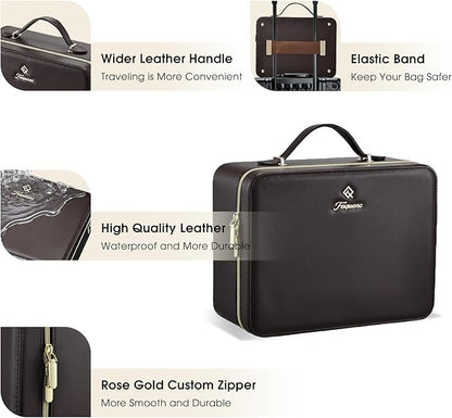 Leather Makeup Case with LED Lighted Mirror 11.4 Inch Travel Makeup Bag Adjustable Brightness in 3 Colors Cosmetic Organizer Artist Storage Bag with Dividers Brush Holder Bag Vanity Dark Brown