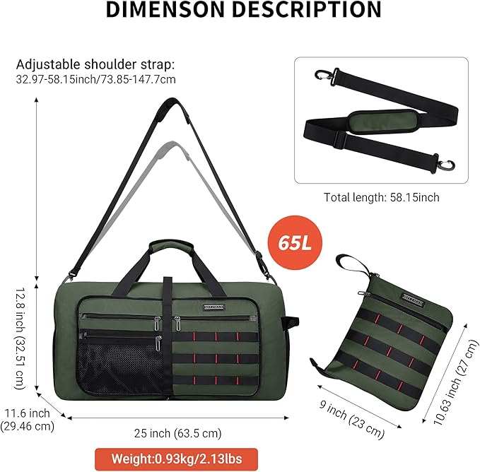 WITZMAN Foldable Duffle Bag for Travel 65L Lightweight Packable Duffel Bag with Shoes Compartment Overnight Bag for Men Women (B697 Classic Green)