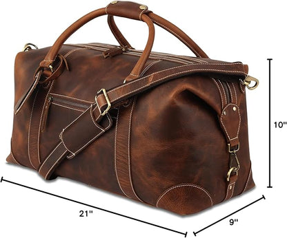 KomalC Leather Duffel Bags for Men and Women - Full Grain Buffalo Leather - Dark Tan