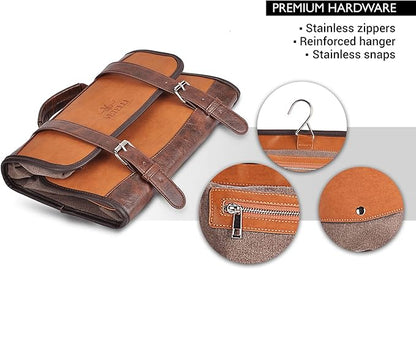 Vetelli Leather Toiletry Bag for Men - Water Resistant, 2 Zippered Internal Pockets, 2 Snap-Fastened Internal Pockets, and Hanging Hook.