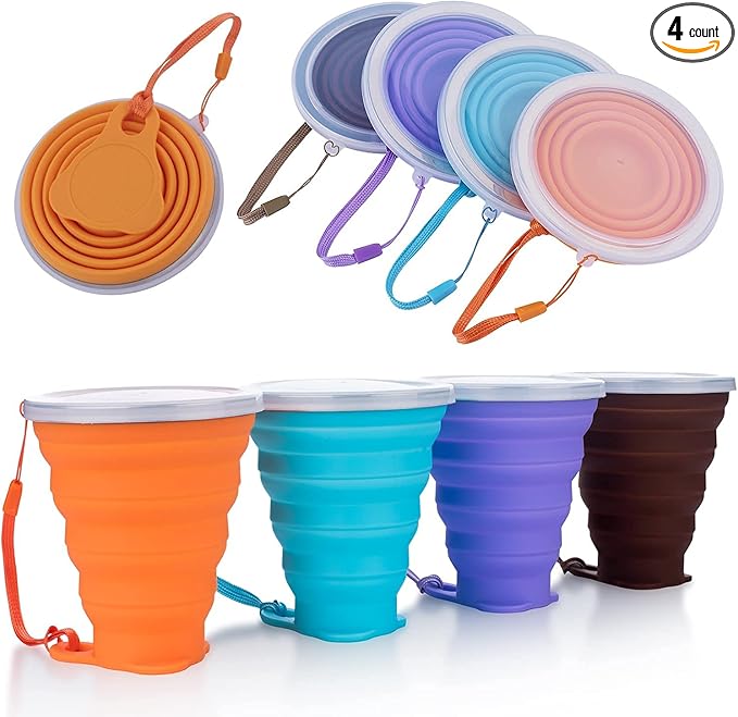 ME.FAN Silicone Collapsible Travel Cup - Silicone Folding Camping Cup with Lids - Expandable Drinking Cup Set - Portable, Graduated [9.22oz]