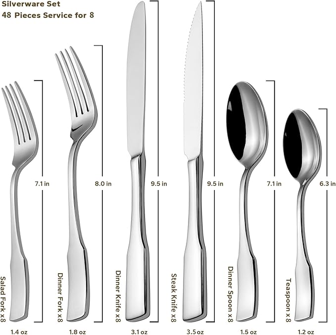 Alata Kate 48-Piece Silverware Set with steak knife Service for 8, Stainless Steel Flatware Set, Mirror Polished Cutlery Set Dishwasher Safe