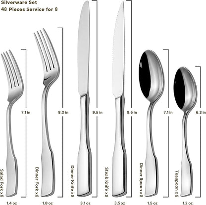 Alata Kate 48-Piece Silverware Set with steak knife Service for 8, Stainless Steel Flatware Set, Mirror Polished Cutlery Set Dishwasher Safe