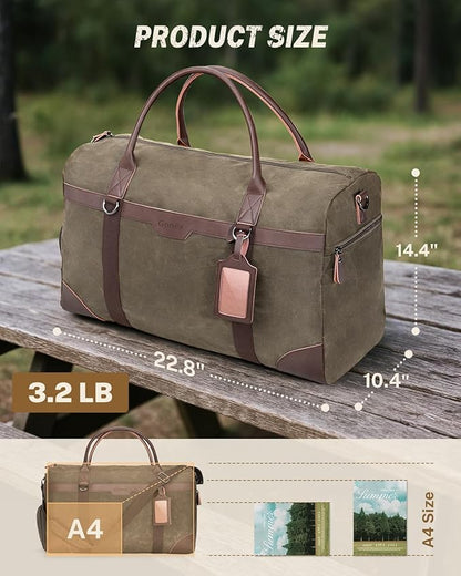 Gonex Waxed Canvas Duffle Bag for Travel, Water-resistant Vintage 55L Duffel Weekender with Shoes Compartment & Luggage Tag, Heavy-duty Overnight Bag with Suitcase Handle Sleeve for Men, Army Green