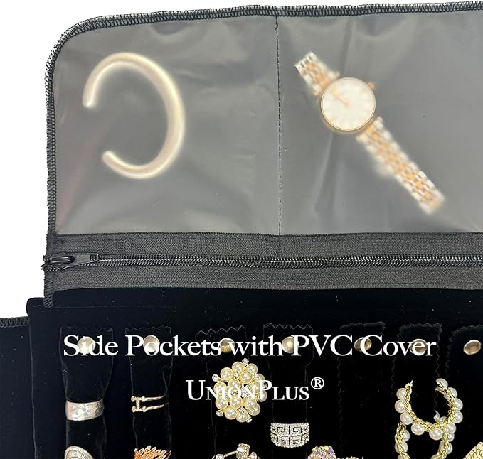 UnionPlus Velvet Travel Jewelry Case Roll Bag Organizer for Necklace Bracelet Earrings Ring, 6 PVC Pockets, Black Upgrade Version