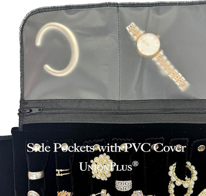 UnionPlus Velvet Travel Jewelry Case Roll Bag Organizer for Necklace Bracelet Earrings Ring, 6 PVC Pockets, Black Upgrade Version