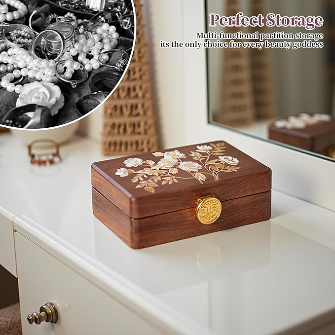 Travel Jewelry Case Small Wood Jewelry Organizer Jewelry Box for Women (Nut-Brown Print)