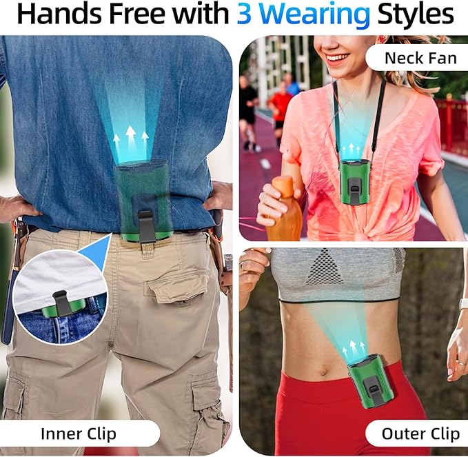 Picozon Portable Smart AI Fan, 9000 RPM Strong Airflow, Rechargeable 4 Speeds Hands-free Wearable Waist Clip Necklace Fan with 20H Non-Stop Cooling System for Outdoor, Hiking Jobsite Camping - Green