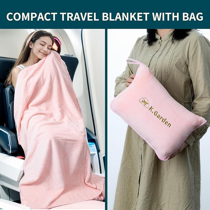 Travel Cooling Blanket and Pillow- Soft 2 in 1 Airplane Compact Flight Essentials Car Pillow Travelers Gifts Accessories Compact Pack Blanket for Any Travel with Luggage Backpack Strap,Pink