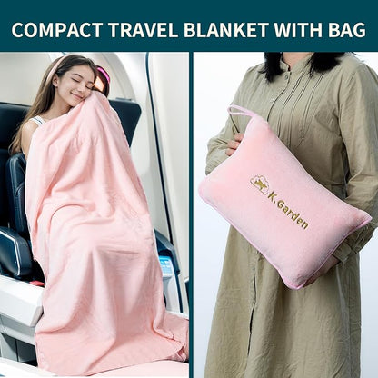 Travel Cooling Blanket and Pillow- Soft 2 in 1 Airplane Compact Flight Essentials Car Pillow Travelers Gifts Accessories Compact Pack Blanket for Any Travel with Luggage Backpack Strap,Pink