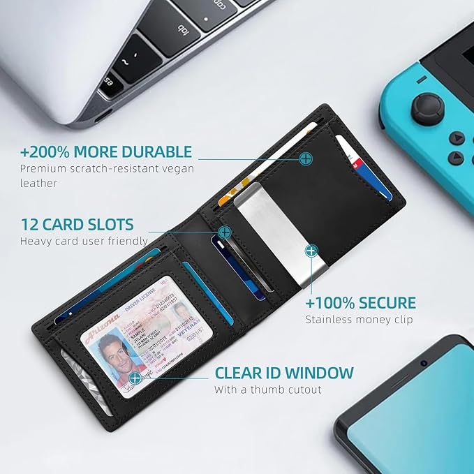 Zitahli Money Clip Wallets for Men,Slim Bifold Wallet 10-12 Cards, Mens Leather Wallet with ID Window,RFID Blocking Thin Minimalist Credit Card Holder,Gifts for Him