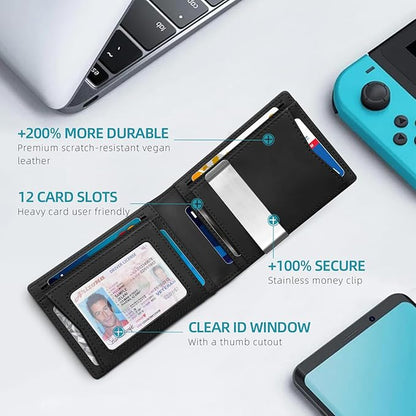 Zitahli Money Clip Wallets for Men,Slim Bifold Wallet 10-12 Cards, Mens Leather Wallet with ID Window,RFID Blocking Thin Minimalist Credit Card Holder,Gifts for Him