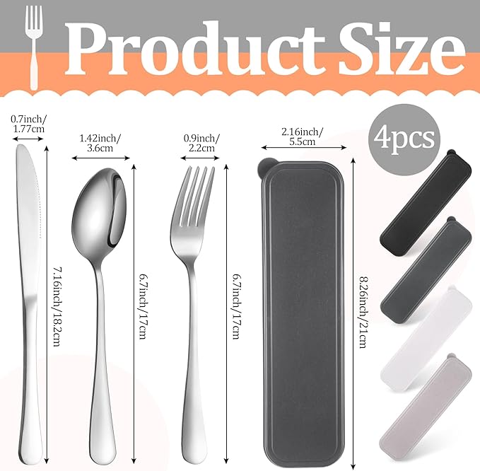 Yinkin 4 Pack Portable Travel Utensils Set with Case Reusable Stainless Steel Silverware Flatware Camping Cutlery Include Fork Spoon Knife for Work School Dishwasher Safe(Classic Color)