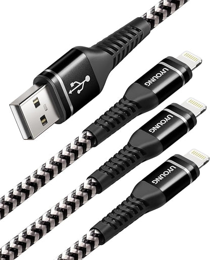 UYOUNG iPhone Charger Cable 3Pack 6FT [Apple MFi Certified] USB to Lightning Cable Nylon Braided Heavy Duty Fast Charging Cord Compatible with iPhone 14/13/12/11/SE/X/XS/XR/8/7/6/6S/iPad - Black