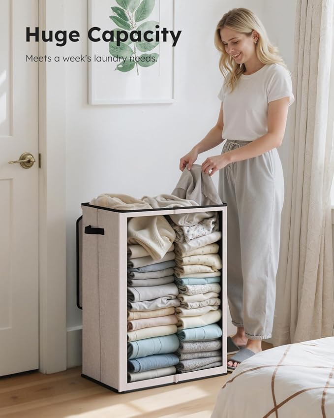 SOLEDI Laundry Hamper with Lid 130L Large & Tall Collapsible Laundry Basket, Clothes Hamper with Bag Removable Easy to Carry, Dirty Hampers for Bedroom, Bathroom, Dorm, College, Light taupe