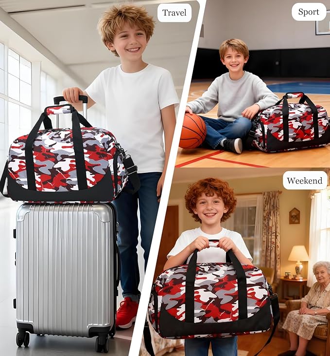 DSIUE Boys Duffle Bag Sports Gym Bag Overnight Weekender Travel Duffel Bag With Shoe Compartment (Camo Red)