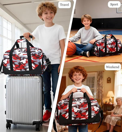 DSIUE Boys Duffle Bag Sports Gym Bag Overnight Weekender Travel Duffel Bag With Shoe Compartment (Camo Red)