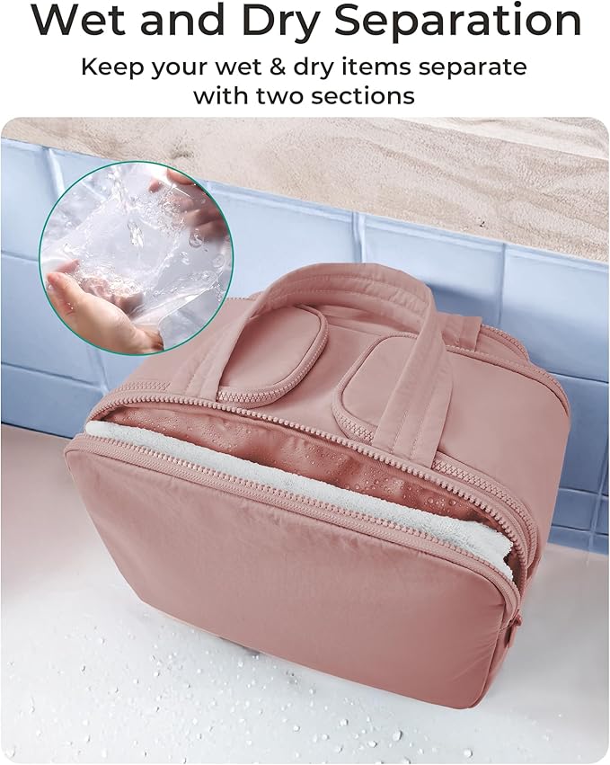 BAGSMART Travel Toiletry Bag, Lightweight Large Wide-open Travel Bag for Women, Puffy Cosmetic Makeup Bag Organizer with Handle for Accessories,Essentials, Toiletries, Dark Pink