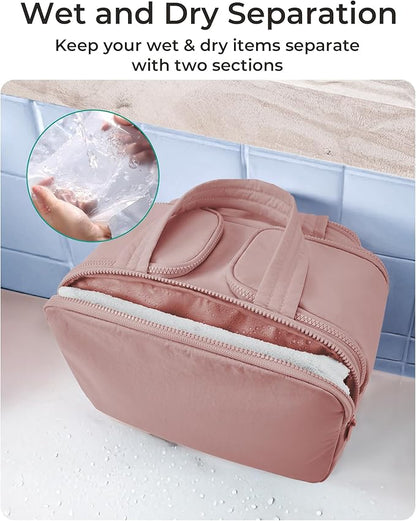 BAGSMART Travel Toiletry Bag, Lightweight Large Wide-open Travel Bag for Women, Puffy Cosmetic Makeup Bag Organizer with Handle for Accessories,Essentials, Toiletries, Dark Pink