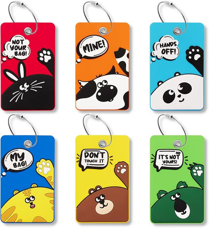 6PCS Unique Cute Animal Luggage Tags with Smile Reminder,Bright Silicone,Includes Name Cards with Full Privacy Cover & Stainless Steel Loops,Funny Suitcase Identify Labels for Women Men Kids