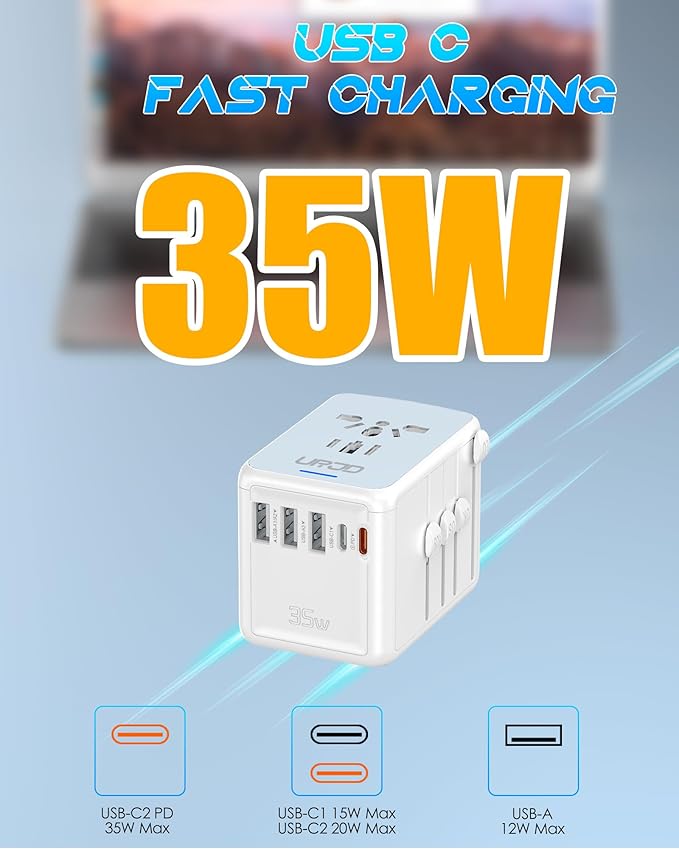 Universal Travel Adapter 35W PD Fast Charging Offers 3X2.4A USB-A Ports, 2X USB-C Ports and Multi AC Outlet, International Plug Converter Worldwide Travel Charger All in One for EU US UK AUS