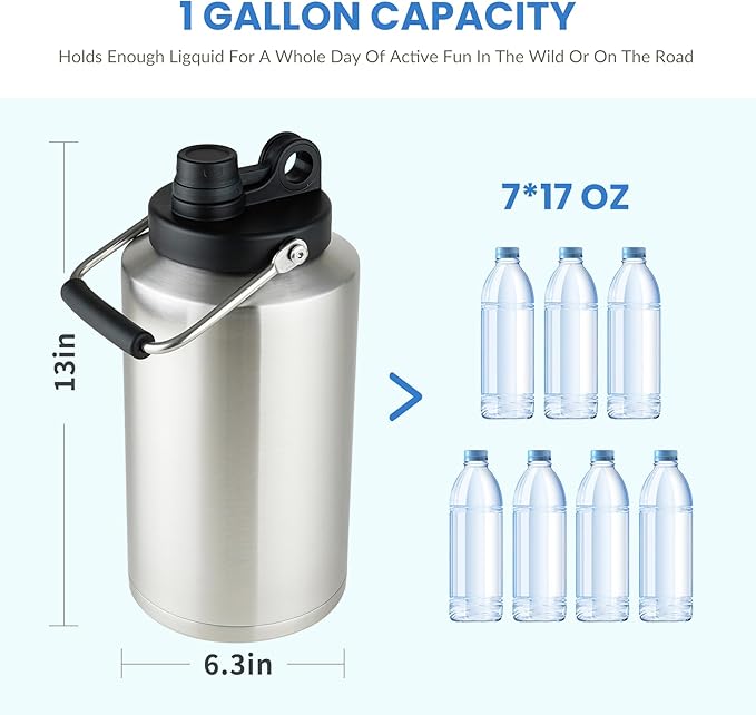 1 Gallon Water Jug Bottle Insulated with Straw, 128oz Stainless Steel Water Bottle Jug Wide Mouth Double Vacuum Dishwasher Safe BPA Free for Hot & Cold Drinks Stainless Steels