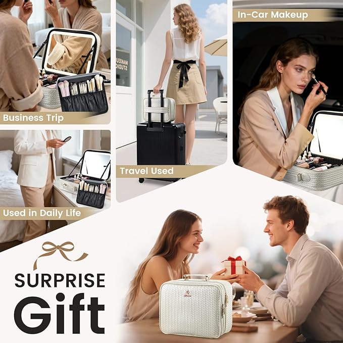 Makeup Bag with LED Lighted Mirror 12.2 IN Travel Double Layer Makeup Case Adjustable Brightness in 3 Colors Cosmetic Organizer Artist Storage with Dividers Brush Holder Vanity Beige