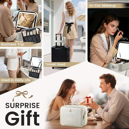 Makeup Bag with LED Lighted Mirror 12.2 IN Travel Double Layer Makeup Case Adjustable Brightness in 3 Colors Cosmetic Organizer Artist Storage with Dividers Brush Holder Vanity Beige