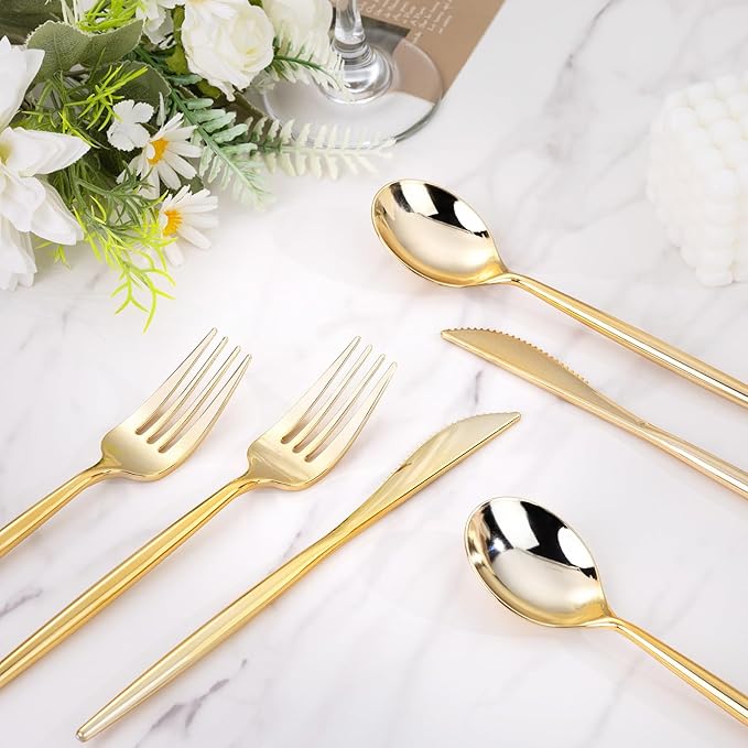 MirthMood 36 PCS Gold Plastic Silverware,Gold Silverware Disposable,Disposable Utensils Heavy Duty,Plastic Cutlery Set,Includes:12 Knives, Forks and Spoons for Party, Birthday,Wedding