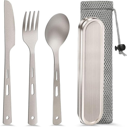 Pure Titanium Travel Utensils with Case, Ultra-Light Ti Portable Champing Essential Cutlery Set, Knife Fork Spoon Reusable Flatware Sets for Camping Picnic Outdoor Hiking, Lunch Box for Men