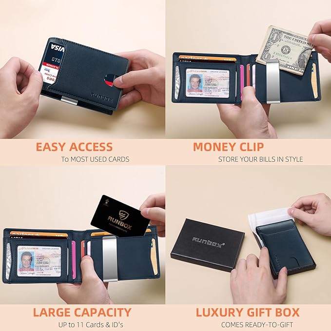 RUNBOX Slim Wallets for Men - Leather Money Clip Mens Wallet - RFID Blocking Front Pocket Bifold Wallet - Thin Credit Card Holder with Gift Box