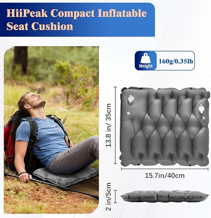 HiiPeak Inflatable Stadium Seat Cushion, Compact Hand Press Stadium Seats Pad Bleacher Seat Chair Cushion Pad for Airplane Travel Camping Backpacking Sports Events (Gray)
