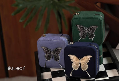S.Leaf Travel Jewelry Organizer Boxes for Women Small Portable Necklace Earrings Bracelet Rings Travel Case Best Friend Birthday Gifts for Women Trendy (Butterfly_Green_Gold)