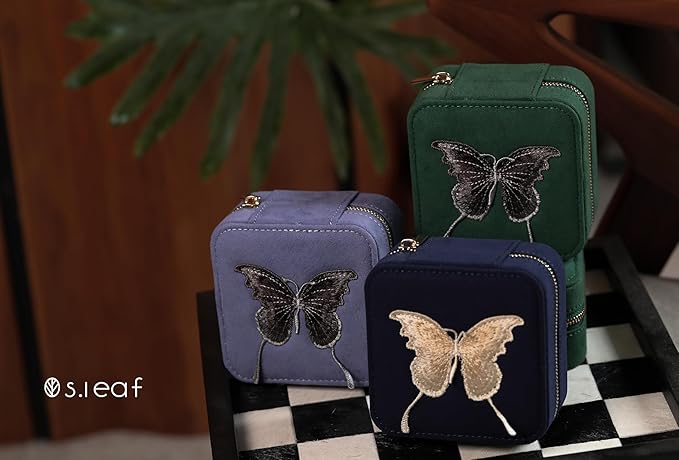 S.Leaf Travel Jewelry Organizer Boxes for Women Small Portable Necklace Earrings Bracelet Rings Travel Case Best Friend Birthday Gifts for Women Trendy (Butterfly_Blue_Gold)