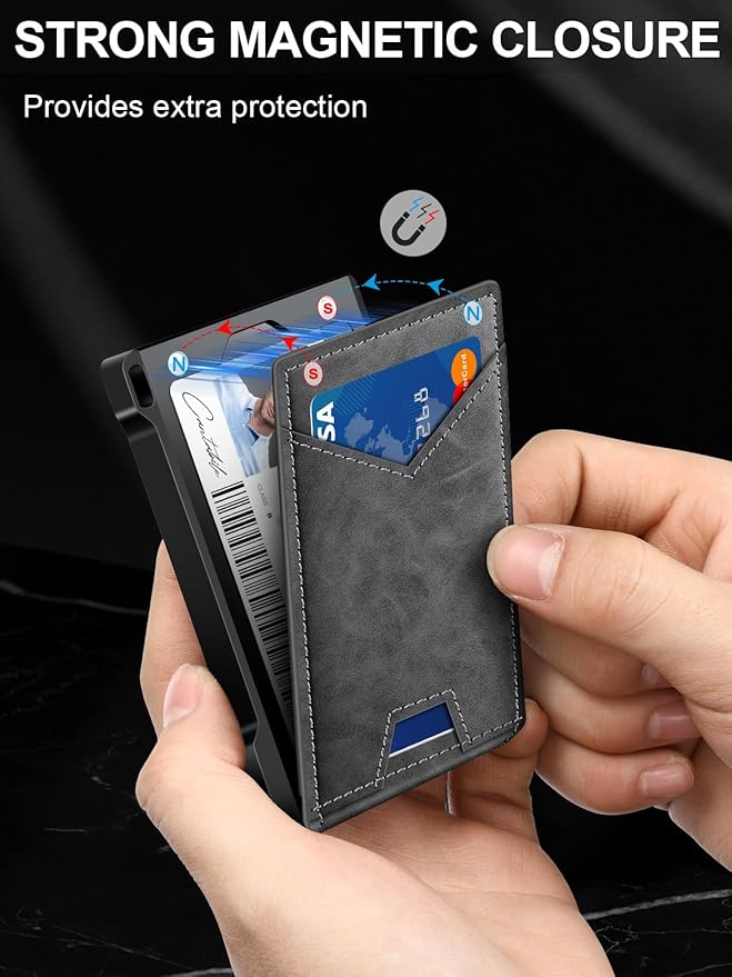Wallet for Men RFID Wallet with 2 ID Windows & Money Clip, Slim Pop Up Card Holder for 10-12 Cards, Bifold Minimalist Smart Wallet for Front Pocket, Compact Metal Credit Card Holder, Gifts for Men