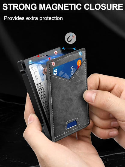 Wallet for Men RFID Wallet with 2 ID Windows & Money Clip, Slim Pop Up Card Holder for 10-12 Cards, Bifold Minimalist Smart Wallet for Front Pocket, Compact Metal Credit Card Holder, Gifts for Men