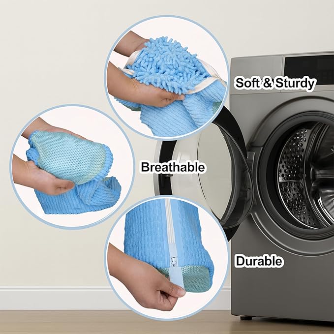 4 Pcs Shoe Washing Machine Bag, Laundry Shoe Bags for Washer and Dryer with Chenille Liner, Large Reusable Mesh Bag for Sneakers, Gym, Tennis, Sports, Delicate, 2 Color Mix (Blue+Beige)