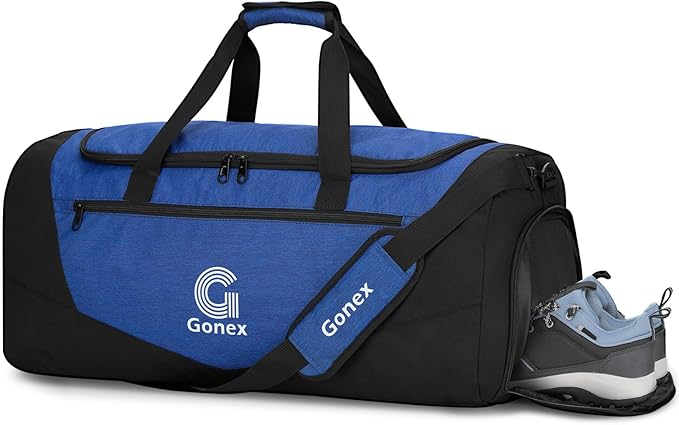 Gonex Gym Duffel Bag with Shoe Compartment Wet Pocket, Large Capacity Sports Duffle Bag for Men Women, Workout & Travel Bag with Multiple Pockets, Black/Blue, Medium (60L)